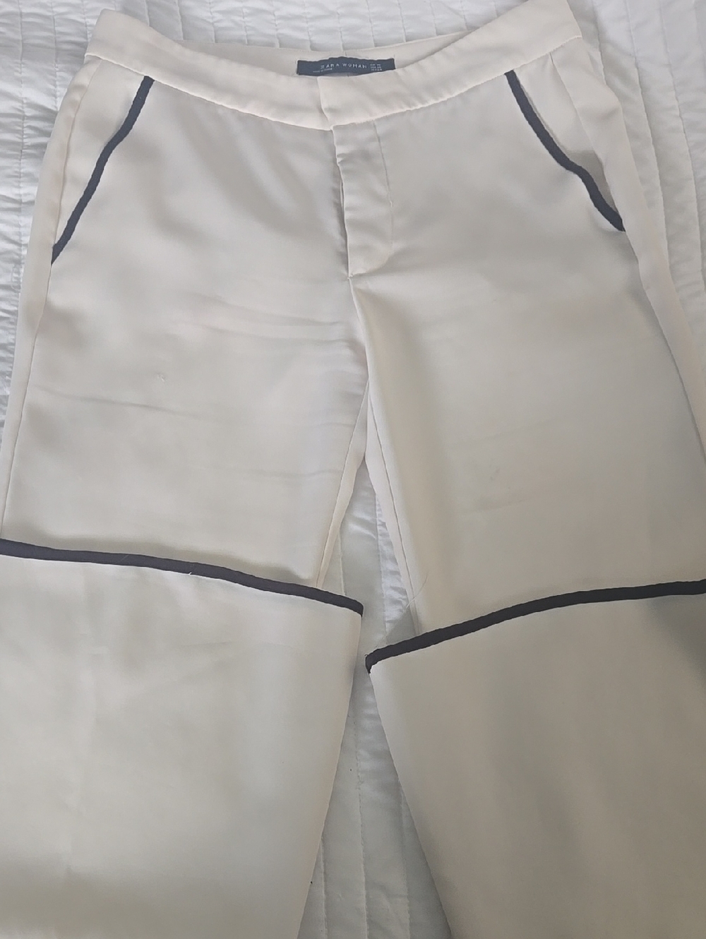 Zara Cream Wide-Leg Trousers with Black Trim